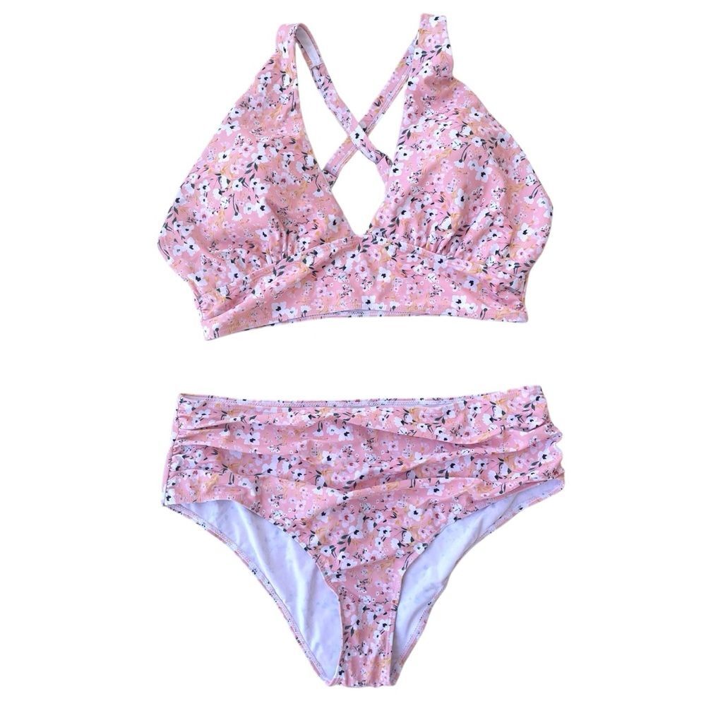 NWOT Pink Floral Adjustable Strap Criss Cross Bikini Size 3XL